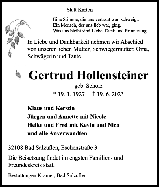 Anzeige  Gertrud Hollensteiner  Lippische Landes-Zeitung