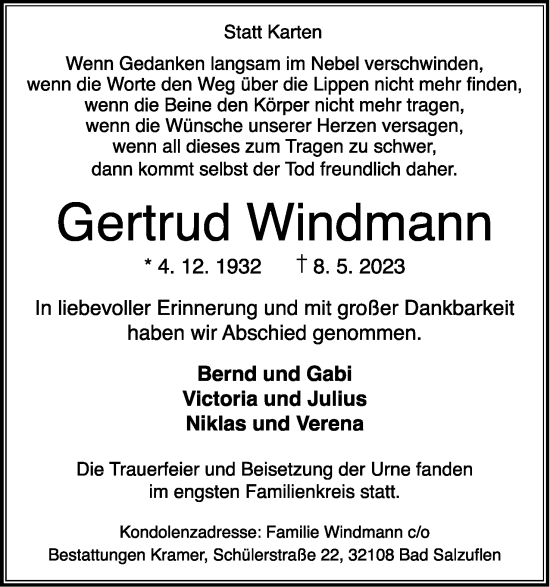 Anzeige  Gertrud Windmann  Lippische Landes-Zeitung