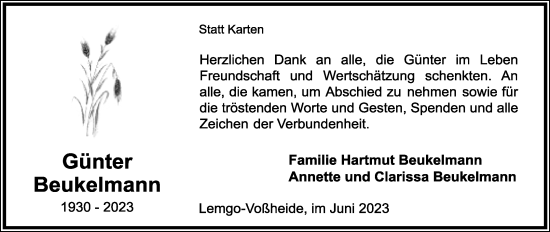 Anzeige  Günter Beukelmann  Lippische Landes-Zeitung