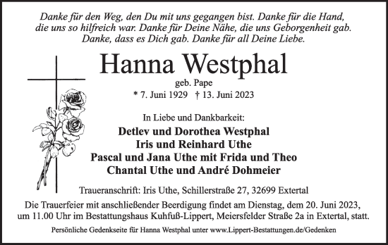 Anzeige  Hanna Westphal  Lippische Landes-Zeitung