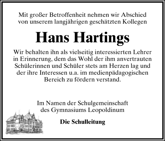 Anzeige  Hans Hartings  Lippische Landes-Zeitung