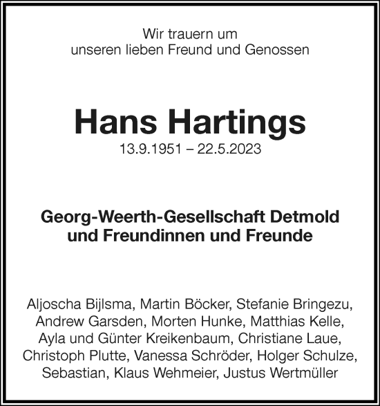 Anzeige  Hans Hartings  Lippische Landes-Zeitung