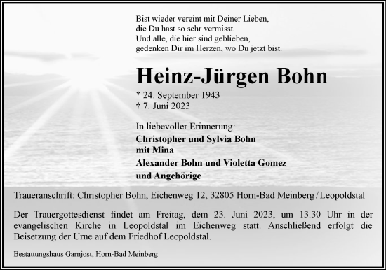 Anzeige  Heinz-Jürgen Bohn  Lippische Landes-Zeitung