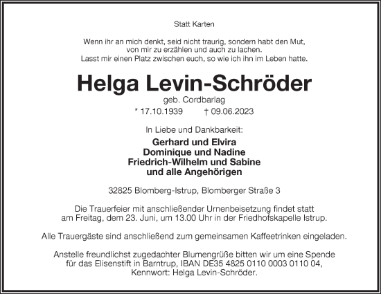 Anzeige  Helga Levin-Schröder  Lippische Landes-Zeitung