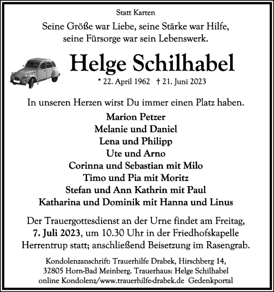 Anzeige  Helge Schilhabel  Lippische Landes-Zeitung