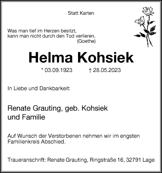 Anzeige  Helma Kohsiek  Lippische Landes-Zeitung