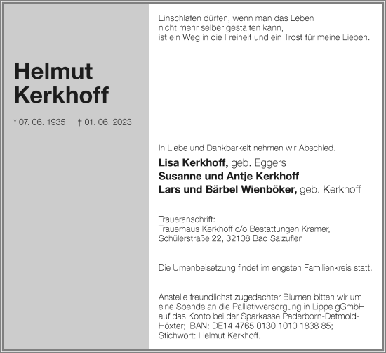 Anzeige  Helmut Kerkhoff  Lippische Landes-Zeitung