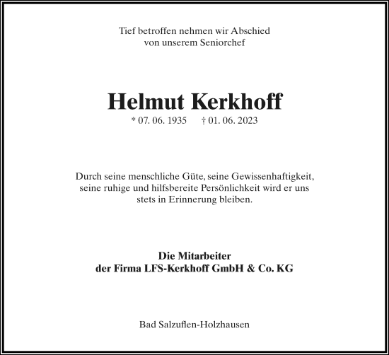 Anzeige  Helmut Kerkhoff  Lippische Landes-Zeitung