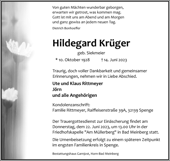 Anzeige  Hildegard Krüger  Lippische Landes-Zeitung