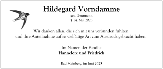 Anzeige  Hildegard Vorndamme  Lippische Landes-Zeitung
