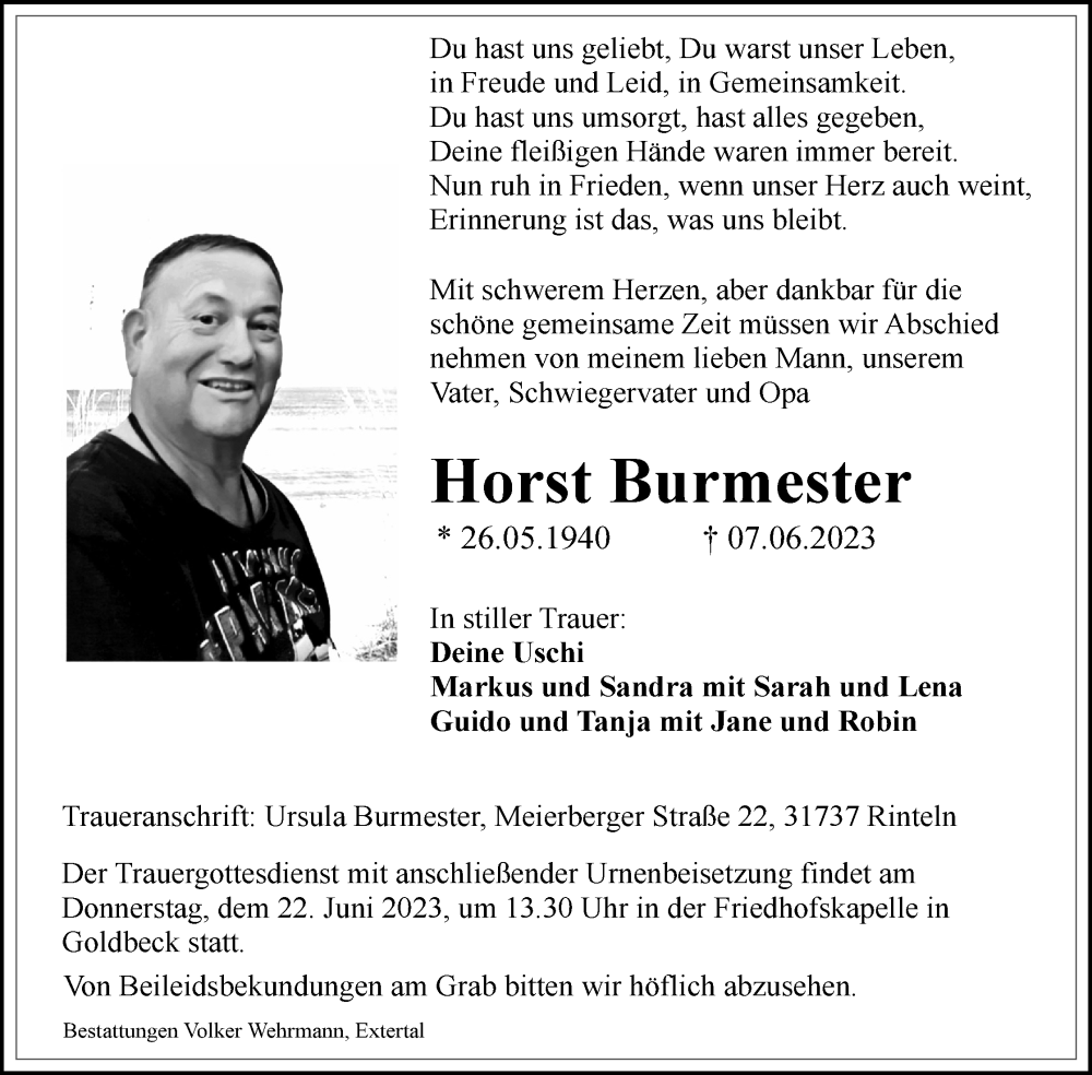  Traueranzeige für Horst Burmester vom 17.06.2023 aus Lippische Landes-Zeitung