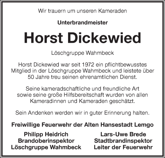 Anzeige  Horst Dickewied  Lippische Landes-Zeitung