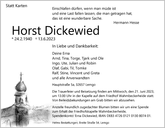 Anzeige  Horst Dickewied  Lippische Landes-Zeitung