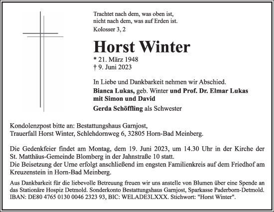 Anzeige  Horst Winter  Lippische Landes-Zeitung
