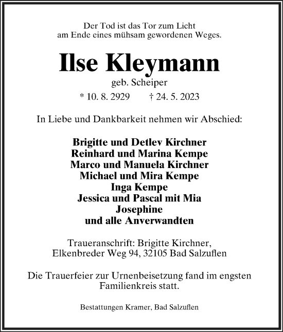 Anzeige  Ilse Kleymann  Lippische Landes-Zeitung