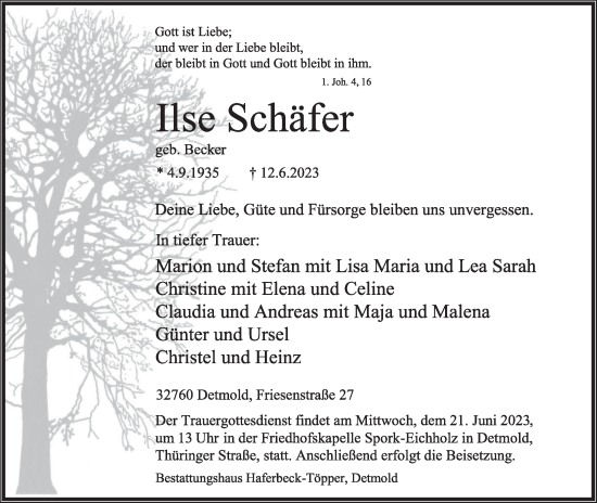 Anzeige  Ilse Schäfer  Lippische Landes-Zeitung