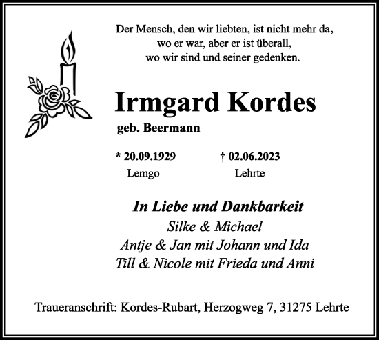 Anzeige  Irmgard Kordes  Lippische Landes-Zeitung