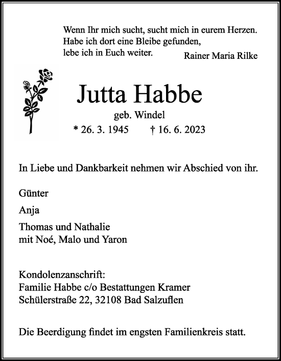 Anzeige  Jutta Habbe  Lippische Landes-Zeitung