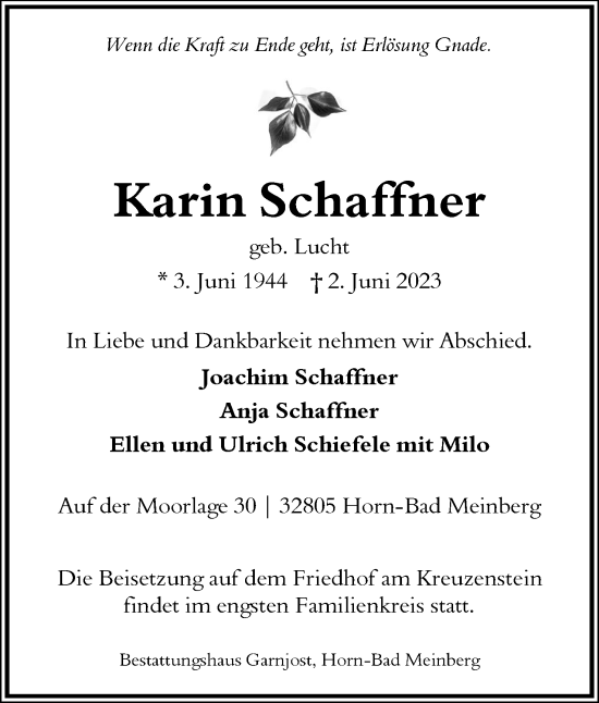 Anzeige  Karin Schaffner  Lippische Landes-Zeitung