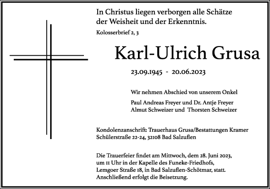 Anzeige  Karl-Ulrich Grusa  Lippische Landes-Zeitung