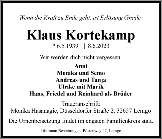 Anzeige  Klaus Kortekamp  Lippische Landes-Zeitung