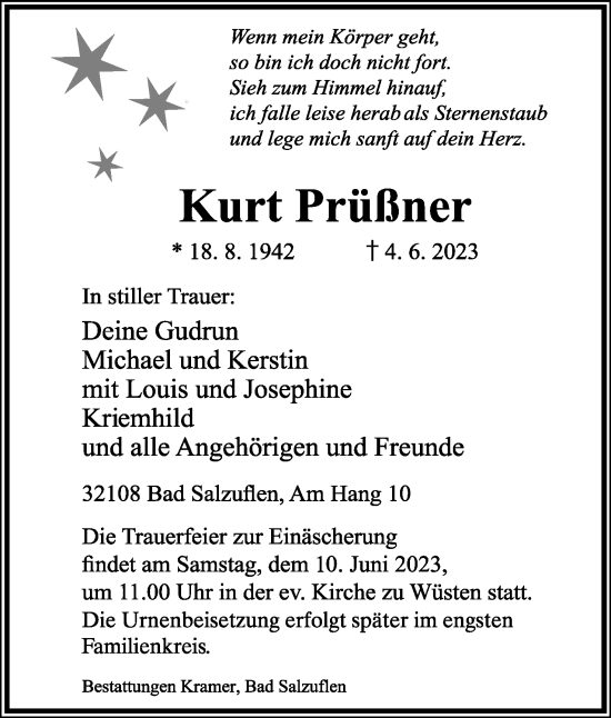 Anzeige  Kurt Prüßner  Lippische Landes-Zeitung