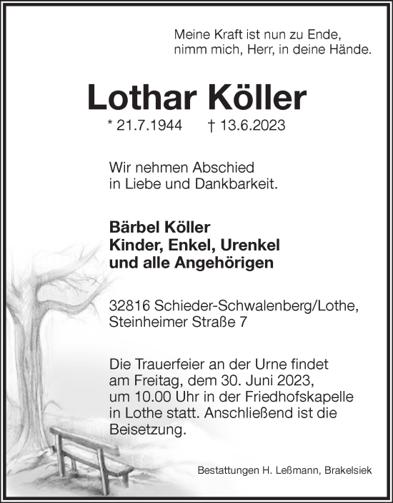 Anzeige  Lothar Köller  Lippische Landes-Zeitung