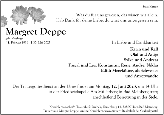 Anzeige  Margret Deppe  Lippische Landes-Zeitung