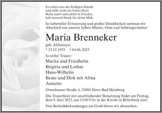 Anzeige  Maria Brenneker  Lippische Landes-Zeitung
