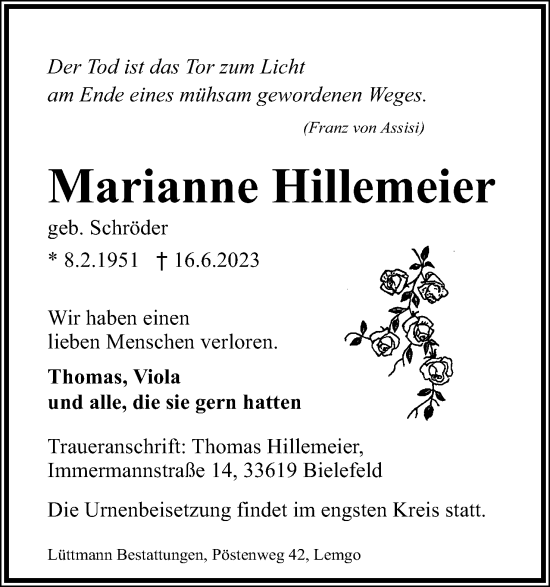 Anzeige  Marianne Hillemeier  Lippische Landes-Zeitung