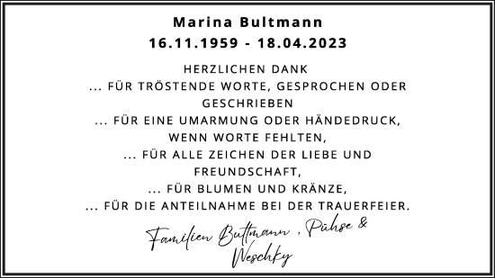 Anzeige  Marina Bultmann  Lippische Landes-Zeitung