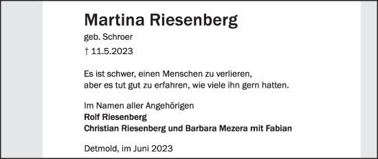 Anzeige  Martina Riesenberg  Lippische Landes-Zeitung