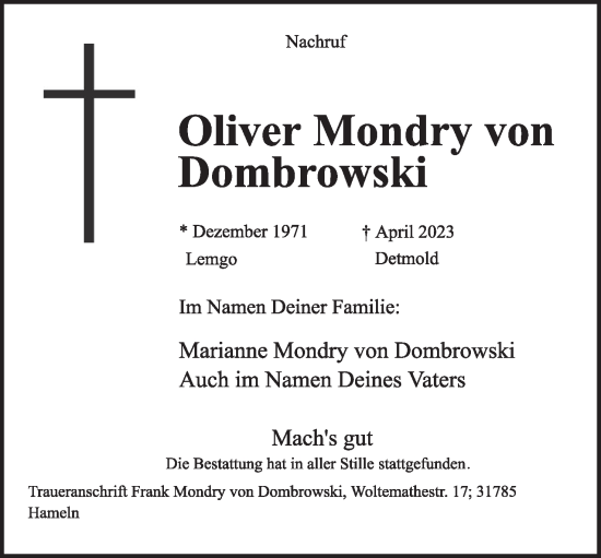 Anzeige  Oliver Mondry von Dombrowski  Lippische Landes-Zeitung