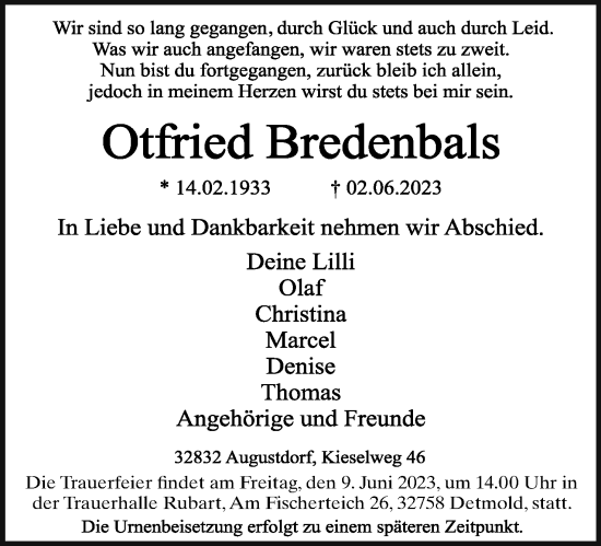 Anzeige  Otfried Bredenbals  Lippische Landes-Zeitung
