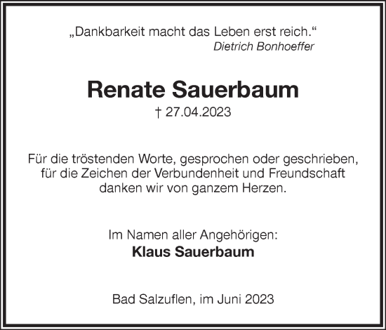 Anzeige  Renate Sauerbaum  Lippische Landes-Zeitung