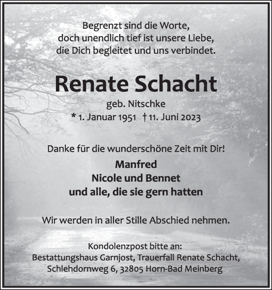 Anzeige  Renate Schacht  Lippische Landes-Zeitung