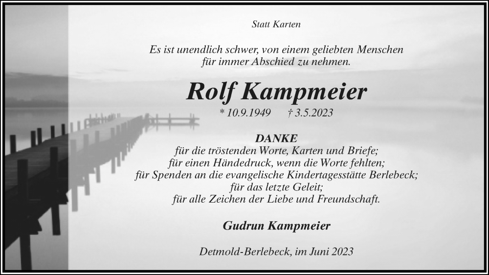  Traueranzeige für Rolf Kampmeier vom 03.06.2023 aus Lippische Landes-Zeitung