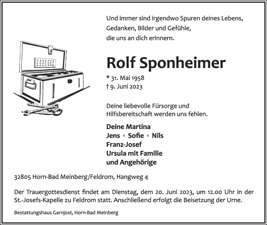 Anzeige  Rolf Sponheimer  Lippische Landes-Zeitung