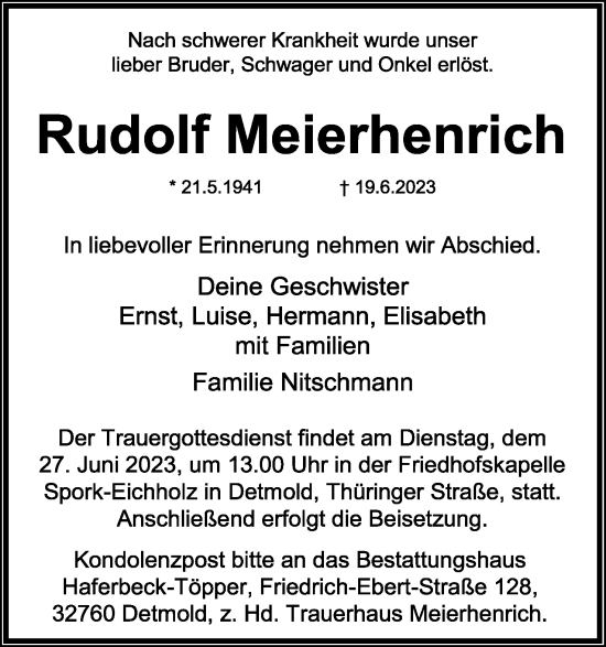 Anzeige  Rudolf Meierhenrich  Lippische Landes-Zeitung