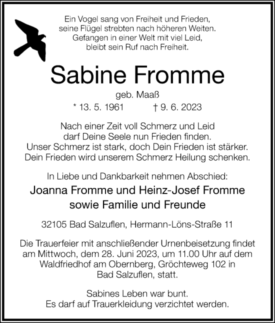 Anzeige  Sabine Fromme  Lippische Landes-Zeitung