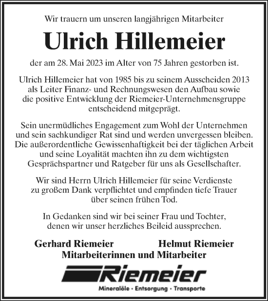 Anzeige  Ulrich Hillemeier  Lippische Landes-Zeitung