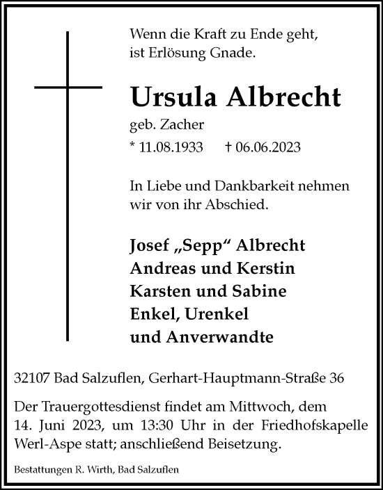 Anzeige  Ursula Albrecht  Lippische Landes-Zeitung