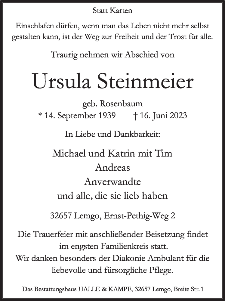  Traueranzeige für Ursula Steinmeier vom 17.06.2023 aus Lippische Landes-Zeitung