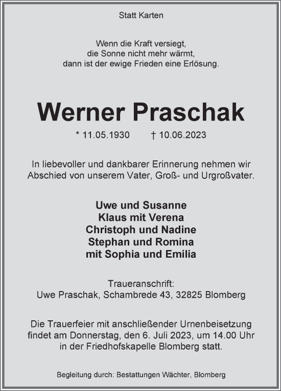 Anzeige  Werner Praschak  Lippische Landes-Zeitung
