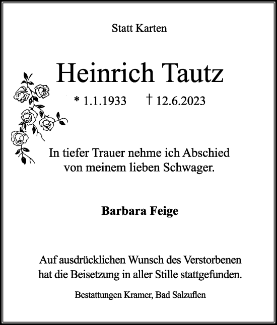 Anzeige  Heinrich Tautz  Lippische Landes-Zeitung