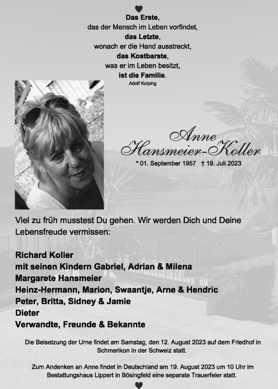 Anzeige  Anne Hansmeier-Koller  Lippische Landes-Zeitung