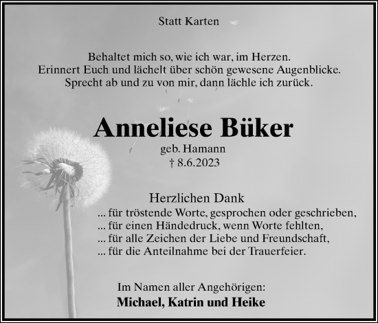 Anzeige  Anneliese Büker  Lippische Landes-Zeitung