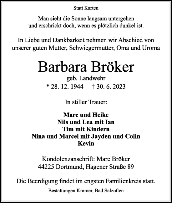 Anzeige  Barbara Bröker  Lippische Landes-Zeitung