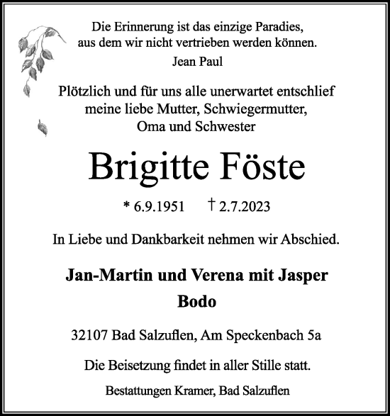 Anzeige  Brigitte Föste  Lippische Landes-Zeitung