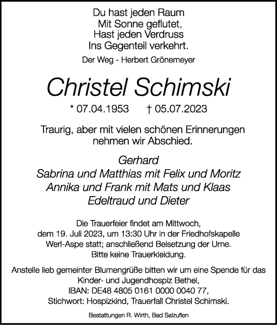 Anzeige  Christel Schimski  Lippische Landes-Zeitung